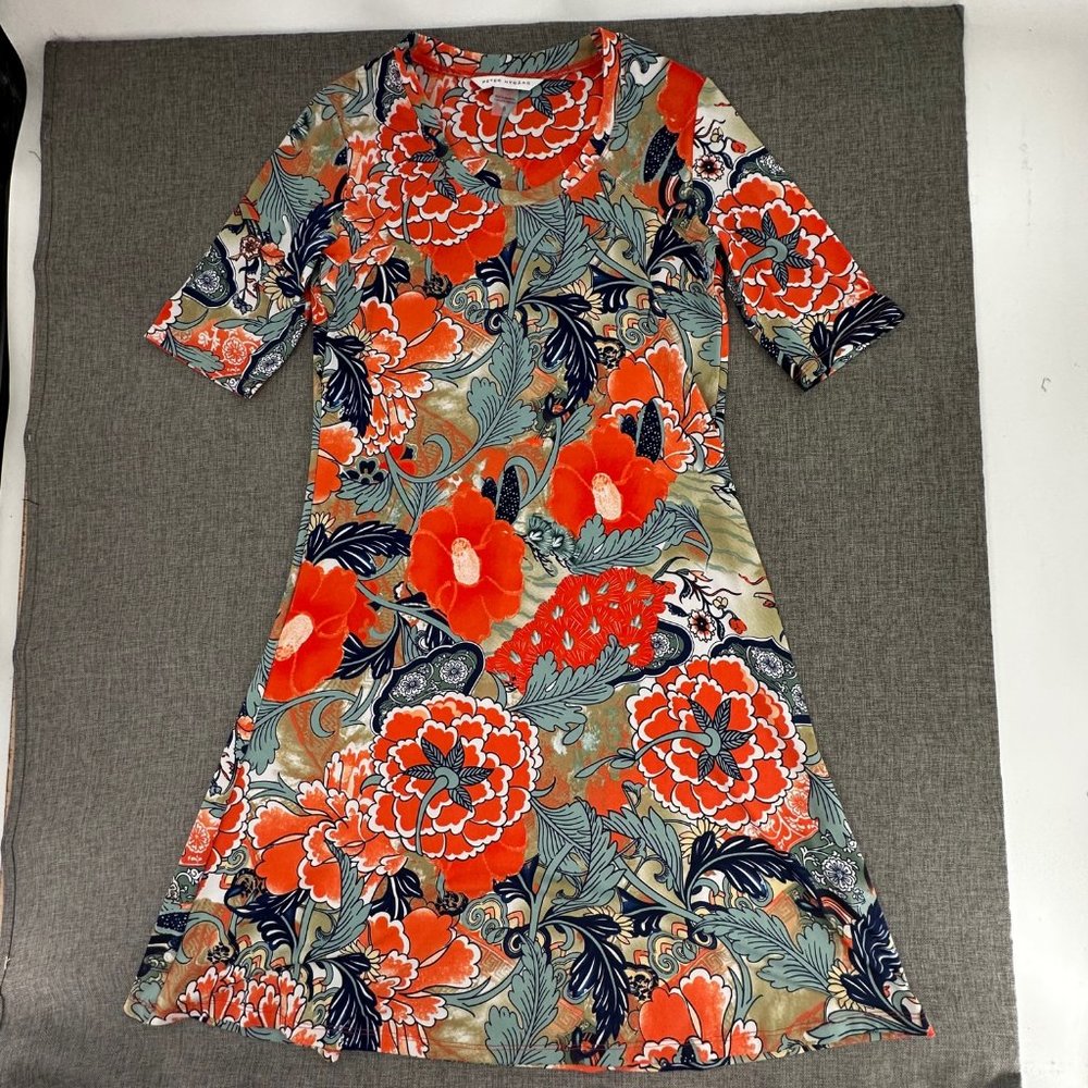 Peter Nygard Floral Dress Size 8 Stretch Scoop Neck Orange Green White‎